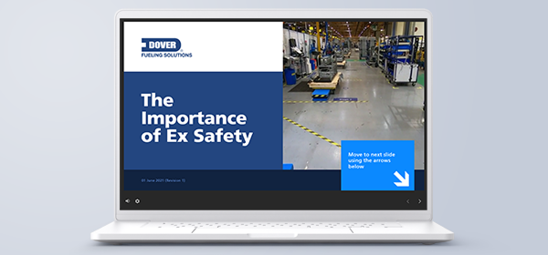 The course title slide: 'The Importance of Ex Safety', branded with the Dover Fueling Solutions logo, beside a photograph of a fuel-pump assembly floor. An on-screen prompt shows learners how to move to the next slide.