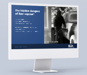 A course slide headed 'The hidden dangers of fuel vapour!', pairing explanatory text with black-and-white imagery of a vehicle at a filling station.
