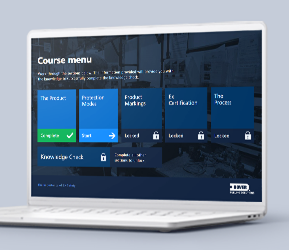 The course menu, listing the modules as tiles with their progress state — some available, others locked until earlier modules are complete, ending with a knowledge check.